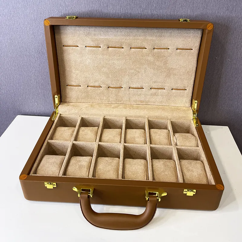 12 Slots Watch Organizer Brown Leather Box And Gift Case